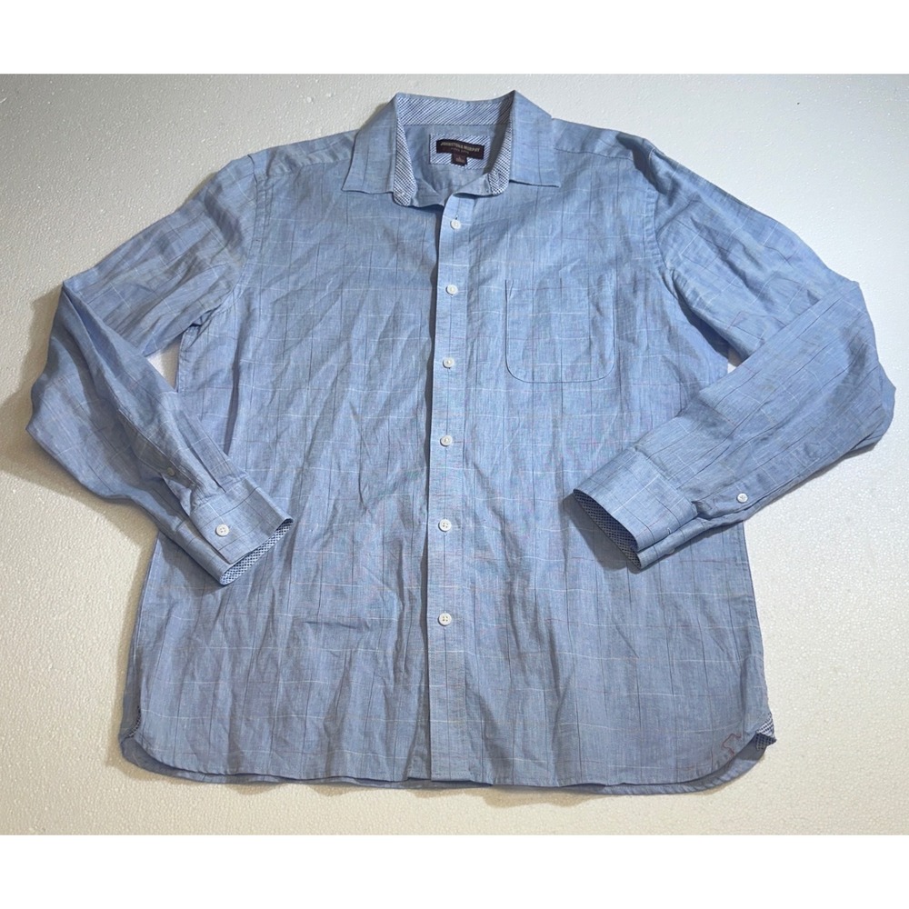 Johnston & Murphy Mens Large Blue Windowpane Linen Blend Button Down Shirt L